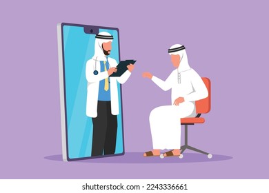 Graphic flat design drawing Arabian male doctor come out of smartphone screen, holding clipboard, checking condition of male patient sitting on chair. Online medical. Cartoon style vector illustration