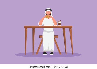 Graphic flat design drawing Arabian man holding and eating hamburger fast food in restaurant. Male having lunch with burger and coffee in paper cup. Unhealthy diet. Cartoon style vector illustration