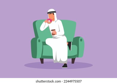 Graphic flat design drawing Arabian man sitting on couch, eating donut and drinking coffee. Hungry male holding paper cup with hot drink and sweet dessert. Fast food. Cartoon style vector illustration