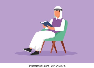 Graphic flat design drawing Arabian man reading book in chair. Side view of male student learning on armchair. Businessman spending spare time by reading literature. Cartoon style vector illustration