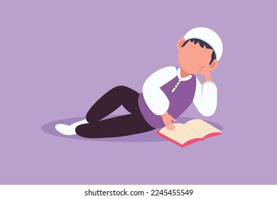 Graphic flat design drawing Arabian little baby boy is reading book and dreaming lying on floor. Source of knowledge. Intelligent student. Education and intellectual. Cartoon style vector illustration