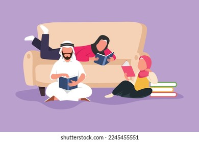 Graphic flat design drawing Arabian family reading books together in living room at home. Mom leaning on couch and dad with little daughter are sitting on the floor. Cartoon style vector illustration