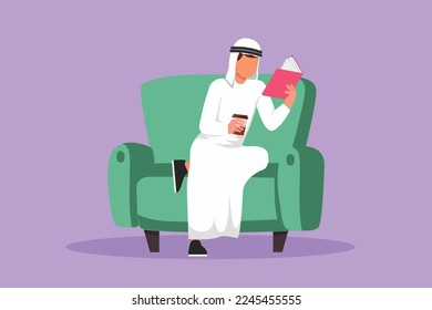 Graphic flat design drawing Arabian man student reading book lying on couch. Cozy living room interior. Bookworm young male enjoying reading hobby, gaining education. Cartoon style vector illustration