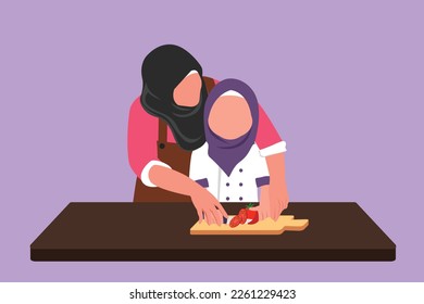 Graphic flat design drawing Arabian mother teaching her daughter to cut vegetables and fruit. Healthy food. Happy family, mom and child cooking together in kitchen. Cartoon style vector illustration