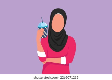 Dibujo gráfico de diseño plano mujer árabe sosteniendo un vaso de jugo de naranja con una mano doblada. Las mujeres atractivas tienen sed y tratan de refrescarse en verano. Ilustración vectorial de estilo de dibujos animados