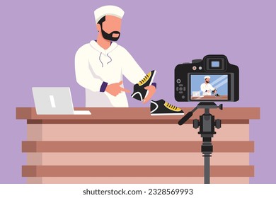 Graphic flat design drawing Arabian male blogger makes video review on camera on topic of sneakers. Online shopping, social media and influencer concept, logo, icon. Cartoon style vector illustration