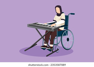 Diseño gráfico plano dibujando a una mujer árabe sentada en silla de ruedas tocando el teclado eléctrico en eventos musicales y cantando canciones. Discapacitado físicamente. Paciente del centro de rehabilitación. Ilustración vectorial de estilo de dibujos animados