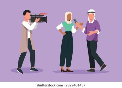 Graphic flat design drawing Arabic journalist, operator interview television program, news. TV host, reporter, cameraman questioning beautiful woman. Video recording. Cartoon style vector illustration