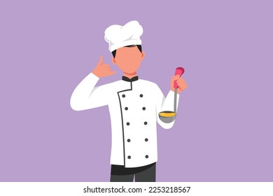 Graphic flat design drawing attractive chef holding ladle with call me gesture and tasting delicious soup. Wearing uniform ready to cook food for guest in restaurant. Cartoon style vector illustration