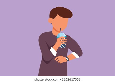 Graphic flat design drawing attractive man drink orange juice from plastic cup while looking at his watch. Busy time at office hour. Male feel thirsty in hot summers. Cartoon style vector illustration