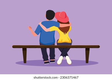 Graphic flat design drawing back view romantic couple chatting and hugging while sitting on bench. Happy couple getting ready for wedding. Engagement, love relation. Cartoon style vector illustration