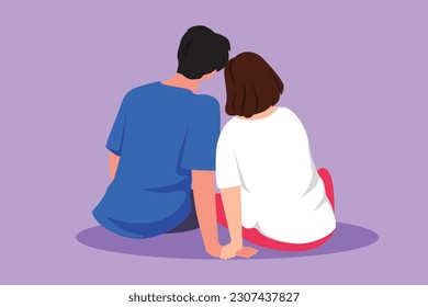 Graphic flat design drawing back view cute people in love sit holding hands   looking at moon   stars  Happy man   woman enjoying romantic nature together  Cartoon style vector illustration