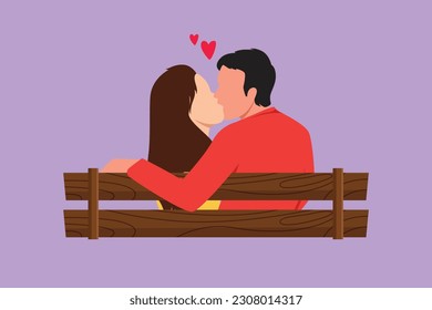 Graphic flat design drawing back view of romantic couple sweet kissing sitting on bench at park in beautiful scenery. Happy guy and pretty girl relationship in love. Cartoon style vector illustration