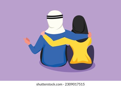 Graphic flat design drawing back view of romantic Arab couple in love sitting and hugging at park. Happy couple getting ready for wedding. Engagement, love relation. Cartoon style vector illustration