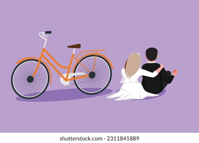 Graphic flat design drawing back view of romantic married couple sitting outdoors with bicycle next to them. Happy man and pretty woman in love wearing wedding dress. Cartoon style vector illustration