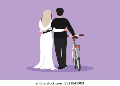 Graphic flat design drawing back view of romantic married couple with bicycle walking in park on sunny autumn day. Man and beautiful woman in love with wedding dress. Cartoon style vector illustration
