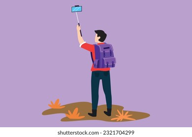 Graphic flat design drawing back view of young man traveler with backpack hiking in mountain while recording video using his smartphone. Travel blogger logo, symbol. Cartoon style vector illustration