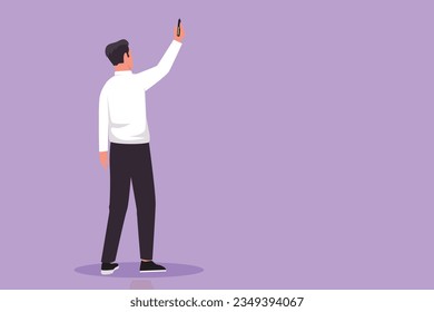 Graphic flat design drawing back view of man teacher or student writing formulas on classroom chalkboard holding chalk in right hand. University or school education. Cartoon style vector illustration