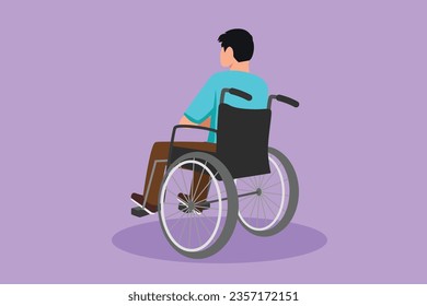 Graphic flat design drawing back view of lonely old man sitting on wheelchair, looking at distant dry autumn leaves in outside. Lonely, forlorn, desolate, lonesome. Cartoon style vector illustration