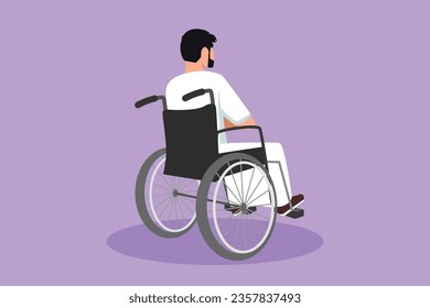 Graphic flat design drawing back view of lonely old Arab man sitting on wheelchair, looking at distant dry autumn leaves in outside. Lonely forlorn desolate lonesome. Cartoon style vector illustration