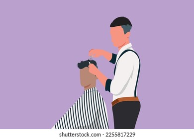Graphic flat design drawing barber shop client, which is getting his perfect haircut from classy dressed stylist, calm down and waiting for result. Success business. Cartoon style vector illustration