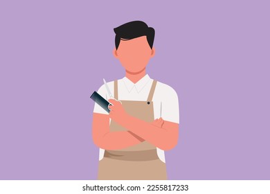 Graphic flat design drawing barber scissors and straight razor. Vintage barbershop, shaving. Mustache men. Beard macho man. Portrait beard man. Hairstylist gentleman. Cartoon style vector illustration