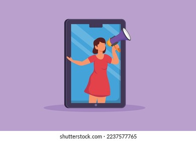 Diseño plano gráfico dibujando a una hermosa mujer saliendo de la pantalla de un smartphone sosteniendo un megáfono. Ofrecer productos con descuento o venta. Tienda de marketing digital en línea. Ilustración vectorial de estilo de dibujos animados