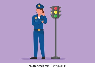 Graphic flat design drawing beautiful policewoman standing near traffic light in full uniform with call me gesture and working to control vehicle traffic on highway. Cartoon style vector illustration