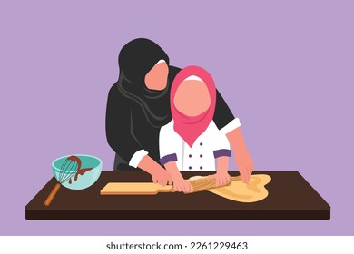 Diseño gráfico y plano dibujando a la hermosa madre y la hija árabes están jugando y sonriendo mientras cocinan en la cocina en casa. Mamá feliz y niña cocinando juntas. Ilustración vectorial de estilo de dibujos animados