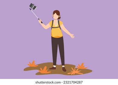 Graphic flat design drawing beautiful woman with backpack on shoulders. Young pretty girl making photo using selfie stick and smartphone. Summer activity at nature. Cartoon style vector illustration