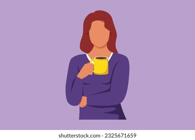 Graphic flat design drawing of beautiful business woman holding and showing coffee cup sitting in the coffee shop. Business dress code. Enjoy relax time after office. Cartoon style vector illustration