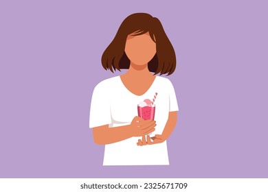 Graphic flat design drawing beautiful woman holding glass with delicious milkshake. Pretty girl holding tasty fresh milk shake with slice of orange. Strawberry drink. Cartoon style vector illustration