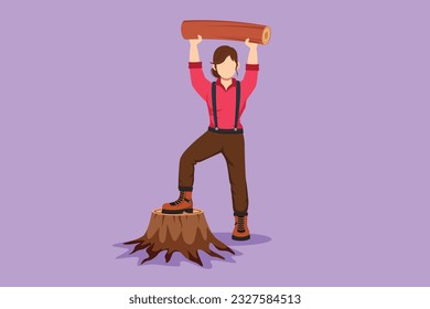 Graphic flat design drawing beautiful woman lumberjack holding and lifting up downed log. Wearing suspender shirt, jeans and boot, posing with one foot on tree stump. Cartoon style vector illustration