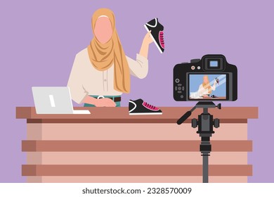 Graphic flat design drawing beautiful Arab female fashion blogger talking about trendy sneakers while making video for her blog. Blogging about new products, trends. Cartoon style vector illustration