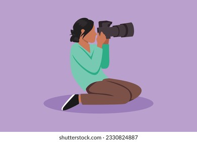 Graphic flat design drawing beautiful woman photographer holding dslr camera taking photographs. Professional photographer taking pictures. Creative profession job. Cartoon style vector illustration