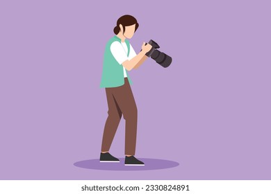 Graphic flat design drawing beautiful woman photographers or paparazzi taking photo with digital cameras with angles. Girl Journalists or reporters checking pictures. Cartoon style vector illustration