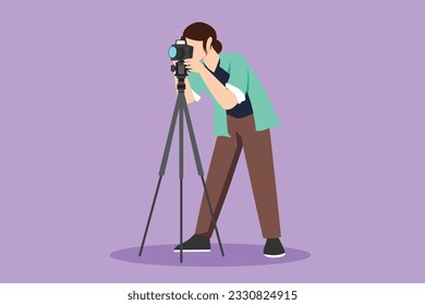 Diseño gráfico plano dibujando a una hermosa mujer paparazzi o fotógrafa fotografiando la aparición de estrellas de negocios de espectáculos u otras celebridades con trípode. Mujer con cámara. Ilustración vectorial de estilo de dibujos animados