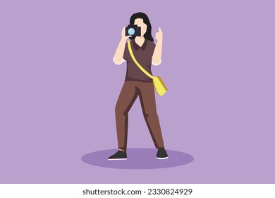 Graphic flat design drawing beautiful woman photographer standing with thumbs up gesture, holding photo camera and photographing. Creative profession or occupation. Cartoon style vector illustration