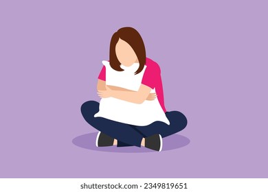 Graphic flat design drawing beautiful woman sitting and hugging pillow with warm feeling. Stay at home campaign. Corona virus prevention. Relaxing and time to sleep. Cartoon style vector illustration