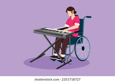 Graphic flat design drawing beautiful female sit in wheelchair playing electric keyboard, sing song. Musical performance in hospital. Rehabilitation center patient. Cartoon style vector illustration