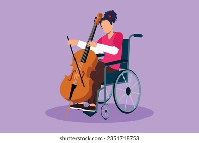 Diseño plano gráfico de una bella mujer sentada en silla de ruedas toca el violoncelo en concierto de ópera. Las personas con discapacidad tocan música clásica. Paciente del centro de rehabilitación. Ilustración vectorial de estilo de dibujos animados