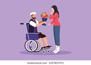 Diseño plano gráfico que dibuja a una hermosa mujer árabe y a un hombre discapacitado en silla de ruedas. Los hombres le dan un ramo de flores a las mujeres. Apoyo familiar. Rehabilitación de la discapacidad. Ilustración vectorial de estilo de dibujos animados