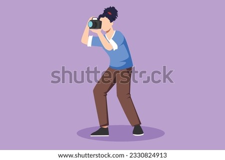 Graphic flat design drawing beautiful woman photographer taking photo pose. Camera and professional operator, correspondent woman. Female with camera making pictures. Cartoon style vector illustration