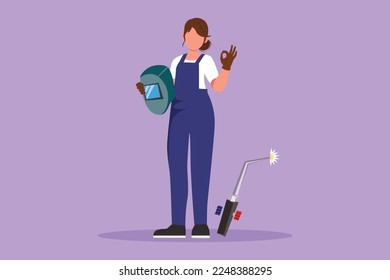Graphic flat design drawing beauty female welder standing with okay gesture, holding face shield ready to work in iron workshop. Manufacturing worker with metalwork. Cartoon style vector illustration