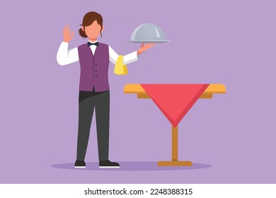 Grafische flache Design-Beauty-Kellnerin stand mit gutem Gesten und brachte ein Tablett von leckeren Speisen, die den Restaurantgästen zu bieten. Kellnerin im Café. Cartoon-Stil, Vektorgrafik