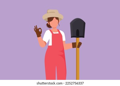 Graphic flat design drawing beauty female farmer holding shovel with okay gesture and wearing straw hat working on farm at harvest time. Countryside or rural living. Cartoon style vector illustration