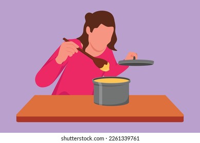 Graphic flat design drawing beauty housewife enjoying smell of cooking from pot. Young woman prepare food for family dinner at kitchen. Cooking at home. Healthy food. Cartoon style vector illustration