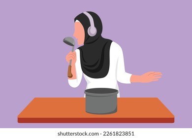 Graphic flat design drawing beauty Arabian woman begin prepare family dinner while singing like rock star with kitchenware and overjoyed music playlist. Fun cooking. Cartoon style vector illustration