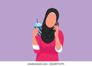 Graphic flat design drawing beauty Arab woman drinking orange juice while making phone call with smartphone and having breakfast at home. Morning routine before work. Cartoon style vector illustration