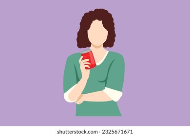 Graphic flat design drawing beauty woman with her hand showing soda refreshment a can sitting on couch in living room at home. Girl holding energy drink logo, icon. Cartoon style vector illustration